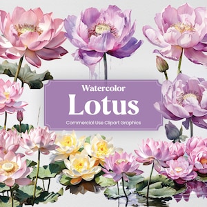 Aquarell Lotus, 20+ Lotuses, Blumen Pflanzen Frühling Floral Digitaldruck, Clipart PNG transparenter Hintergrund kommerzielle Nutzung