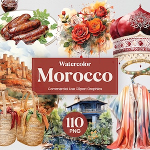 Aquarel Marokko, 110 ultieme Marokkaanse Landmark Clipart, digitale reizen, PNG-formaat transparante achtergrond voor commercieel gebruik