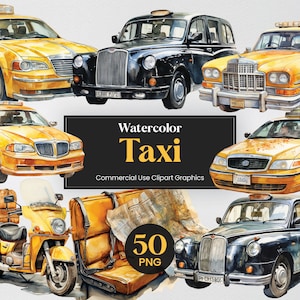 水彩タクシー、50 タクシー クリップアート、運転手付き旅行デジタル プリント、クリップアート PNG 形式 透明背景 商用利用