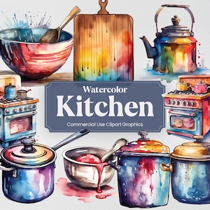 Watercolor Kitchen Appliances, 36 Home Clipart, Cooking Baking Culinary Digital Print, PNG format Transparent Background Commercial Use