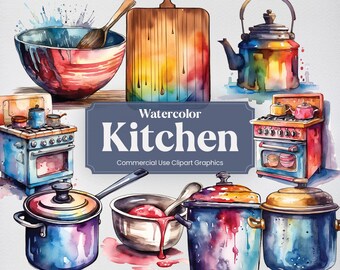 Watercolor Kitchen Appliances, 36 Home Clipart, Cooking Baking Culinary Digital Print, PNG format Transparent Background Commercial Use