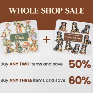 K&ouml;nnte beinhalten: Eine Verkaufsanzeige f&uuml;r einen Shop, der digitale Cliparts verkauft. Das Bild zeigt zwei S&auml;tze von Aquarell-Illustrationen: eine von M&auml;usen und eine von Berner Sennenhunden. Der Text lautet "Gesamter Shop im Angebot", "Kaufe zwei Artikel und spare 50 %" und "Kaufe drei Artikel und spare 60 %".