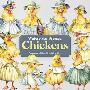Pollo en vestido de acuarela, 23 imágenes prediseñadas de gallinas lindas, impresiones digitales de animales, formato PNG con fondo transparente para uso comercial