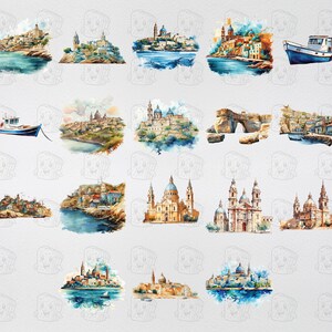 Watercolor Malta, 43 Maltese Landmarks, Travel Vacation Holiday Digital Print, Clipart PNG format Transparent Background Commercial Use image 4