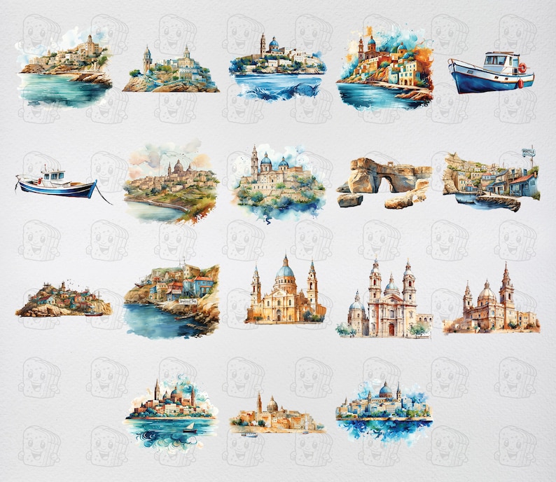 Watercolor Malta, 43 Maltese Landmarks, Travel Vacation Holiday Digital Print, Clipart PNG format Transparent Background Commercial Use image 4