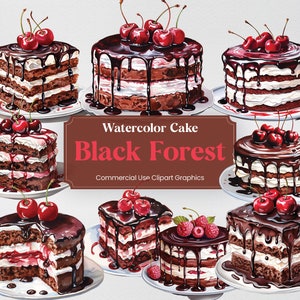 Könnte beinhalten: Aquarell-Illustration eines Schwarzwälder Kirschtortes. Der Kuchen ist mit Schokoladen-Ganache, Schlagsahne und Kirschen verziert. Der Kuchen befindet sich auf einem weißen Teller. Der Text "Watercolor Cake Black Forest Commercial Use Clipart Graphics" ist unter dem Kuchen abgebildet.