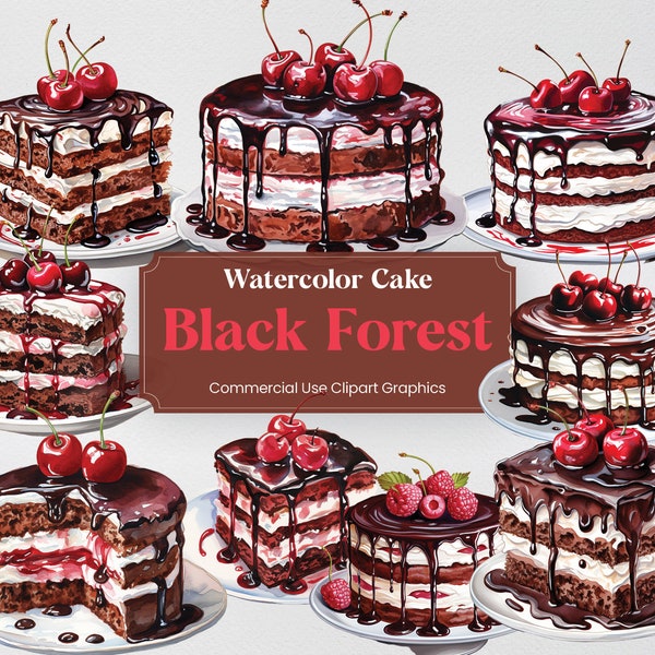 Watercolor Black Forest Cake, 28 German Cuisine, Food Culture Culinary Eats Digital Print, Clipart PNG Transparent Background Commercial Use