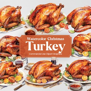 Puede incluir: Ilustración en acuarela de pavos asados, presentados en platos blancos con rodajas de naranja y hierbas. La imagen incluye el texto "Watercolor Christmas Turkey Commercial Use Clipart Graphics."