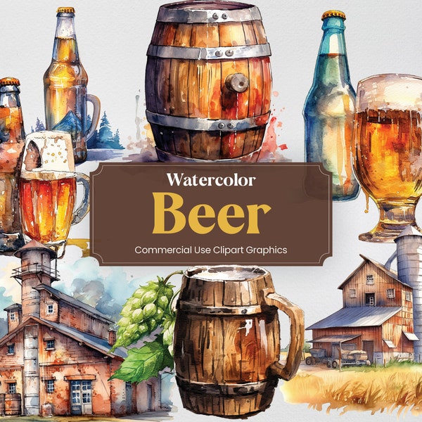 Watercolor Beer, 28 Brewery Clipart, Ale Pilsner Lager Hops Barrels Digital Print, Clipart PNG format Transparent Background Commercial Use