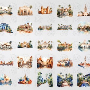 Pode incluir: Uma cole&ccedil;&atilde;o de 25 aquarelas que retratam diferentes cenas de arquitetura marroquina, incluindo mesquitas, pal&aacute;cios e jardins. As pinturas s&atilde;o feitas em um estilo suave e rom&acirc;ntico com cores suaves e detalhes delicados.