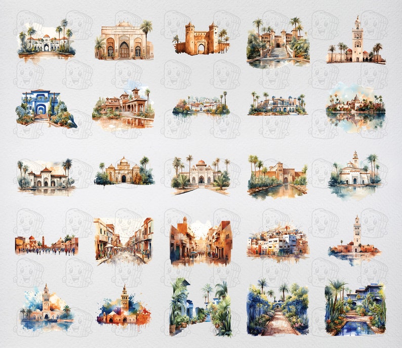 Pode incluir: Uma cole&ccedil;&atilde;o de 25 aquarelas que retratam diferentes cenas de arquitetura marroquina, incluindo mesquitas, pal&aacute;cios e jardins. As pinturas s&atilde;o feitas em um estilo suave e rom&acirc;ntico com cores suaves e detalhes delicados.