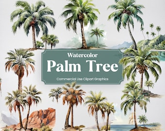 Watercolor Palm Tree, 20+ Palm Trees, Flowers Plants Spring Floral Digital Print, Clipart PNG Transparent Background Commercial Use