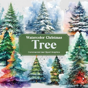 Sapin de Noël aquarelle, 20 pins sapins à feuilles persistantes enneigés Noël, impression numérique, Clipart PNG sur fond Transparent tout usage commercial