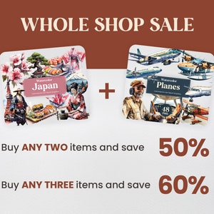 Op de afbeelding: Een verkoopadvertentie voor aquarel illustraties van Japan en vliegtuigen. Koop twee items en bespaar 50%, of koop drie items en bespaar 60%.