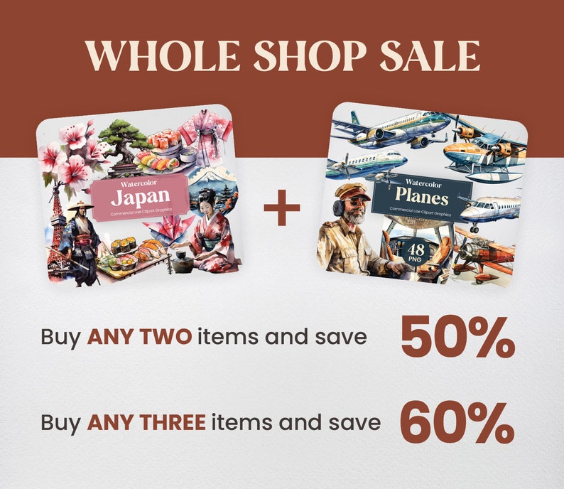 Op de afbeelding: Een verkoopadvertentie voor aquarel illustraties van Japan en vliegtuigen. Koop twee items en bespaar 50%, of koop drie items en bespaar 60%.