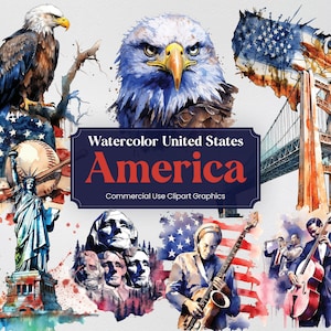Aquarela Estados Unidos, 38 marcos americanos, viagens, férias, impressão digital, clipart formato PNG, fundo transparente, uso comercial