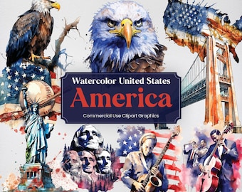 Watercolor United States, 38 American Landmarks, Travel Vacation Digital Print, Clipart PNG format Transparent Background Commercial Use