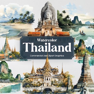Aquarel Thailand, 37 Thaise monumenten, reizen vakantie vakantie digitale print, clipart PNG-formaat transparante achtergrond commercieel gebruik