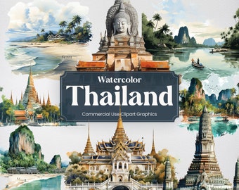 Aquarel Thailand, 37 Thaise monumenten, reizen vakantie vakantie digitale print, clipart PNG-formaat transparante achtergrond commercieel gebruik