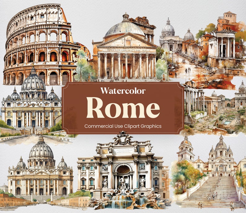 Watercolor Rome, 28 Roman Landmarks, Travel Vacation Holiday Digital ...