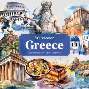 Aquarelle Grèce, 40 monuments grecs, voyage vacances vacances impression numérique, Clipart PNG format fond Transparent utilisation commerciale