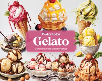 May include: Watercolor illustrations of various gelato flavors, including chocolate, strawberry, pistachio, and vanilla. The illustrations are in a cartoon style and feature a variety of toppings, such as cherries, nuts, and chocolate sauce. The text "Watercolor Gelato Commercial Use Clipart Graphics" is displayed on a pink banner.