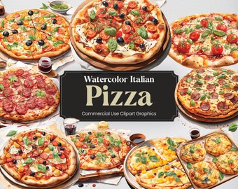 May include: Watercolor illustrations of various Italian pizzas, including pepperoni, sausage, and cheese. The text "Watercolor Italian Pizza" and "Commercial Use Clipart Graphics" is displayed on a black banner.