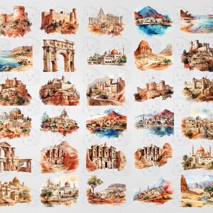 Op de afbeelding: Een aquarel schilderij met 20 verschillende sc&egrave;nes van gebouwen en landschappen. De sc&egrave;nes hebben allemaal een vergelijkbare stijl, met de nadruk op architectuur en natuurlijke elementen. De kleuren zijn gedempt en aards, met een focus op bruinen, groenen en blauwen.