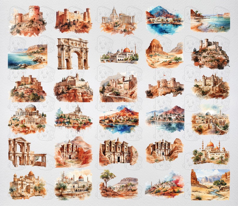 Op de afbeelding: Een aquarel schilderij met 20 verschillende sc&egrave;nes van gebouwen en landschappen. De sc&egrave;nes hebben allemaal een vergelijkbare stijl, met de nadruk op architectuur en natuurlijke elementen. De kleuren zijn gedempt en aards, met een focus op bruinen, groenen en blauwen.