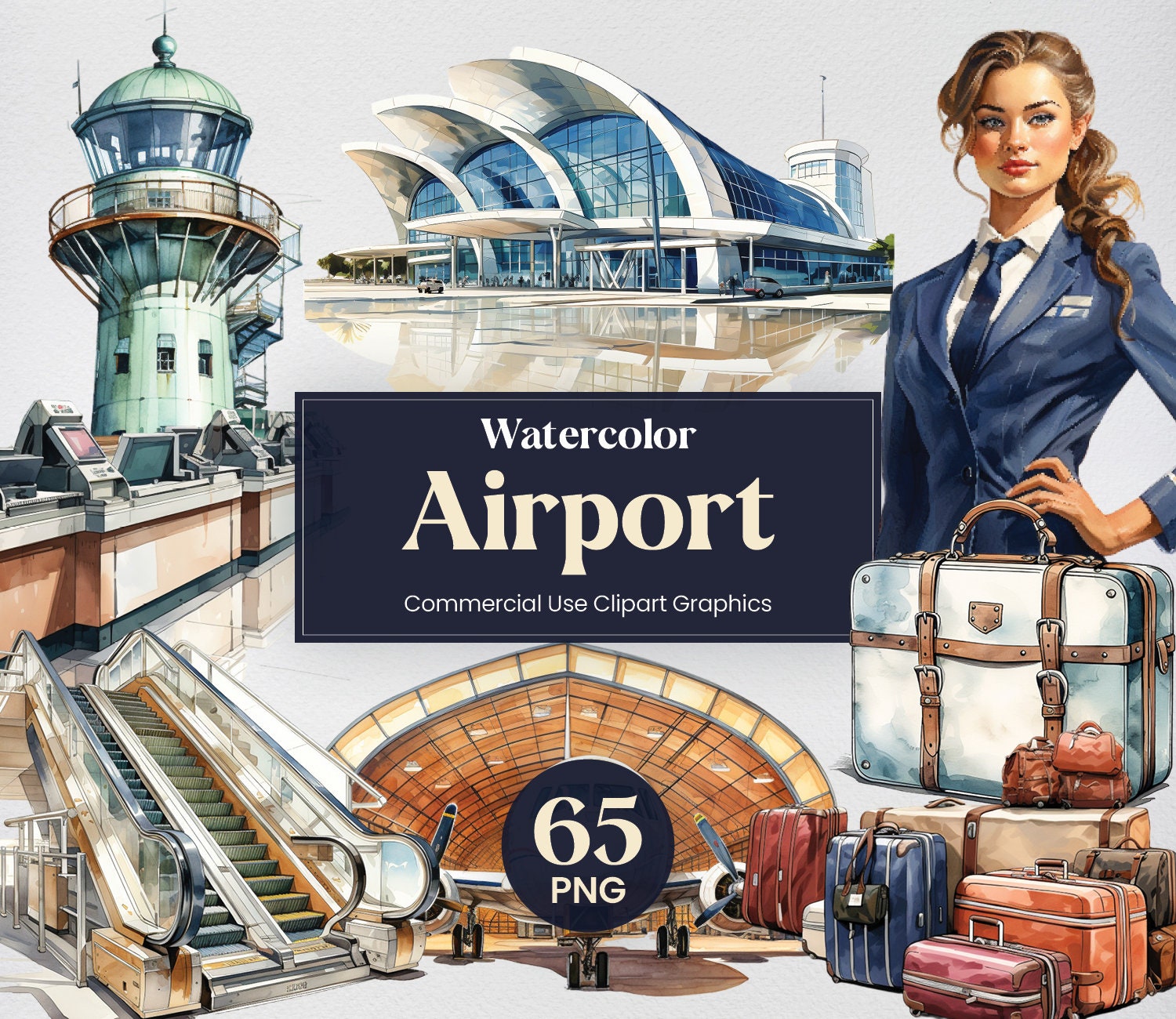 Watercolor Airport, 65 Air Port Clipart, Travel Aircraft Digital Prints, PNG format Transparent Background for Commercial Use