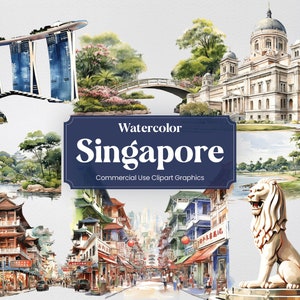 Acuarela Singapur, 30 monumentos de Singapur, impresión digital de vacaciones de viaje, formato PNG clipart fondo transparente uso comercial