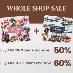 May include: A sale announcement for watercolor clipart graphics. Two sets of watercolor illustrations are shown: one set features Japanese-themed imagery and the other features airplanes. The text reads "Whole Shop Sale" and "Buy any two items and save 50%" and "Buy any three items and save 60%".