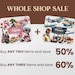 May include: A sale announcement for watercolor clipart graphics. Two sets of watercolor illustrations are shown: one set features Japanese-themed imagery and the other features airplanes. The text reads "Whole Shop Sale" and "Buy any two items and save 50%" and "Buy any three items and save 60%".