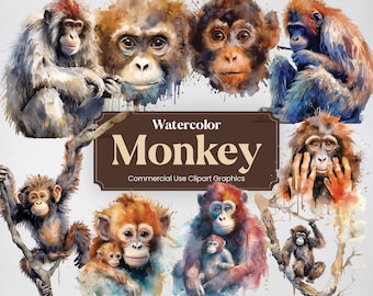Watercolor Monkey, 20 Cute Monkeys, Jungle Animal Digital Prints, Clipart PNG format with Transparent Background for Commercial Use