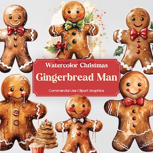 May include: Watercolor illustrations of gingerbread men with white icing and red bows. The gingerbread men are in various poses and have different expressions. The text "Watercolor Christmas Gingerbread Man" and "Commercial Use Clipart Graphics" is displayed on a red banner.