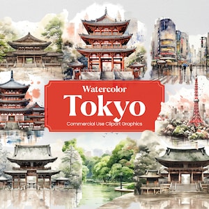 Aquarela Tóquio, 17 marcos de Tóquio, impressão digital de férias de férias de viagem, clipart formato PNG fundo transparente uso comercial