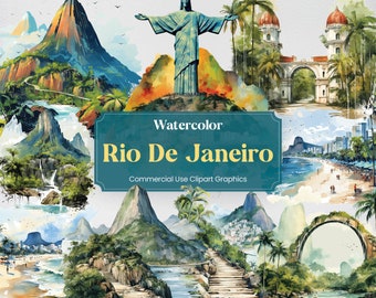 Watercolor Rio de Janeiro, 32 Carioca Landmarks, Travel Vacation Holiday Digital Print, Clipart PNG Transparent Background Commercial Use