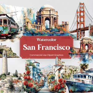 Aquarel San Francisco, 28 San Franciscaanse monumenten, reisvakantie digitale print, clipart PNG transparante achtergrond commercieel gebruik