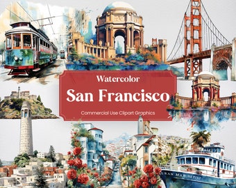 Watercolor San Francisco, 28 San Franciscan Landmarks, Travel Vacation Digital Print, Clipart PNG Transparent Background Commercial Use