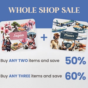 May include: A sale announcement for watercolor clipart graphics. The image shows two sets of clipart: one set of watercolor illustrations of Japan and another set of watercolor illustrations of planes. The text reads "Whole Shop Sale" and "Buy any two items and save 50%" and "Buy any three items and save 60%".