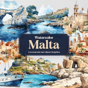 Watercolor Malta, 43 Maltese Landmarks, Travel Vacation Holiday Digital Print, Clipart PNG format Transparent Background Commercial Use image 1