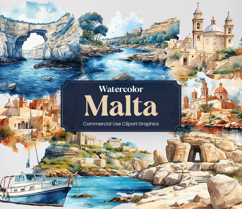Watercolor Malta, 43 Maltese Landmarks, Travel Vacation Holiday Digital Print, Clipart PNG format Transparent Background Commercial Use image 1