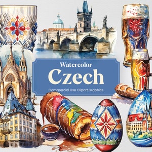 Può includere: Illustrazioni ad acquerello di monumenti, cibo e bevande ceche. Le illustrazioni includono un ponte, una chiesa, un dolce e boccali di birra. Il testo "Watercolor Czech" e "Commercial Use Clipart Graphics" è incluso nell'immagine.