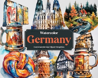 May include: Watercolor illustrations of German culture, including a pretzel, beer stein, a building with a half-timbered facade, a church, and a small house with a red roof.