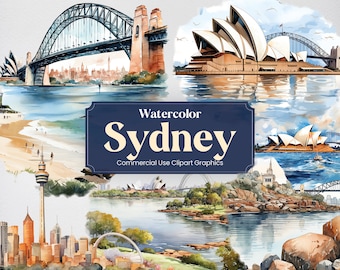Watercolor Sydney, 23 Sydneysider Landmarks, Travel Vacation Holiday Digital Print, Clipart PNG format Transparent Background Commercial Use
