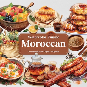 Aquarel Marokkaanse keuken, 52 Marokkaanse gerechten clipart, culinaire digitale prints, PNG-formaat transparante achtergrond voor commercieel gebruik