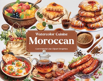Watercolor Moroccan Cuisine, 52 Moroccan Food Clipart, Culinary Digital Prints, PNG format Transparent Background for Commercial Use