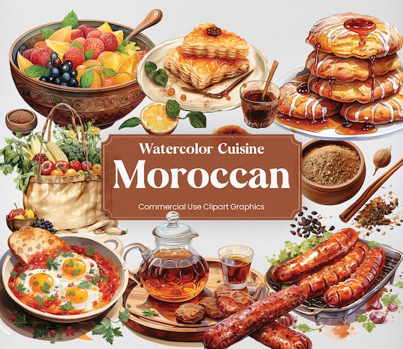 Watercolor Moroccan Cuisine, 52 Moroccan Food Clipart, Culinary Digital Prints, PNG format Transparent Background for Commercial Use