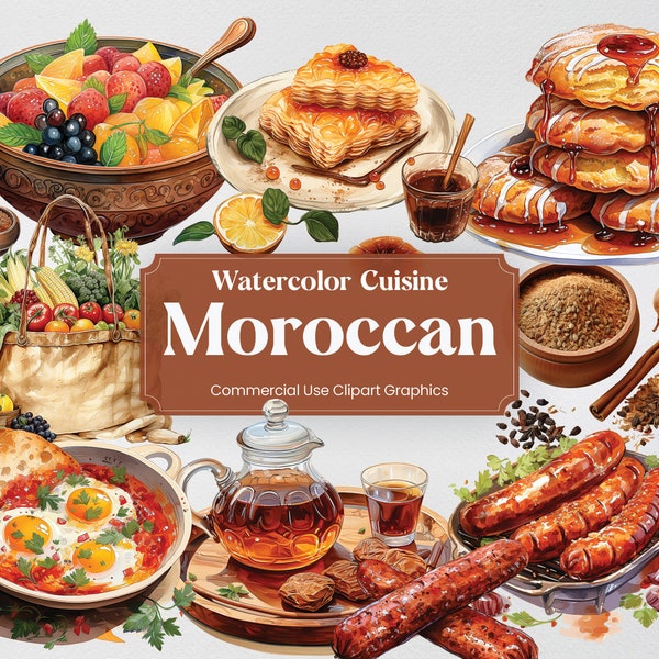 Aquarelle Cuisine marocaine, 52 Clipart alimentaire marocain, Impressions numériques culinaires, format PNG Fond transparent pour un usage commercial