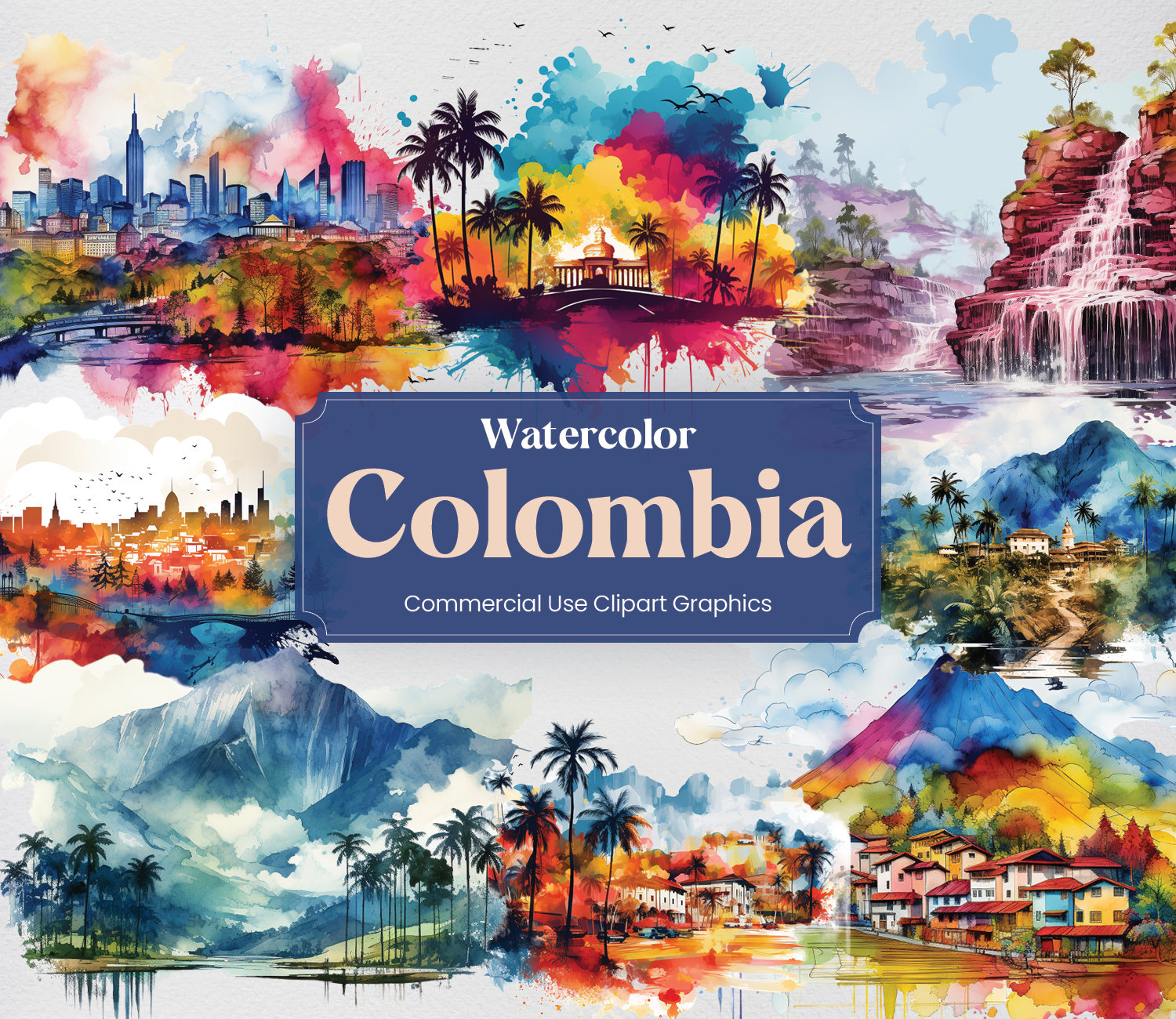 Watercolor Colombia, 21 Colombian Landmarks, Travel Vacation Holiday Digital Print, Clipart PNG format Transparent Background Commercial Use